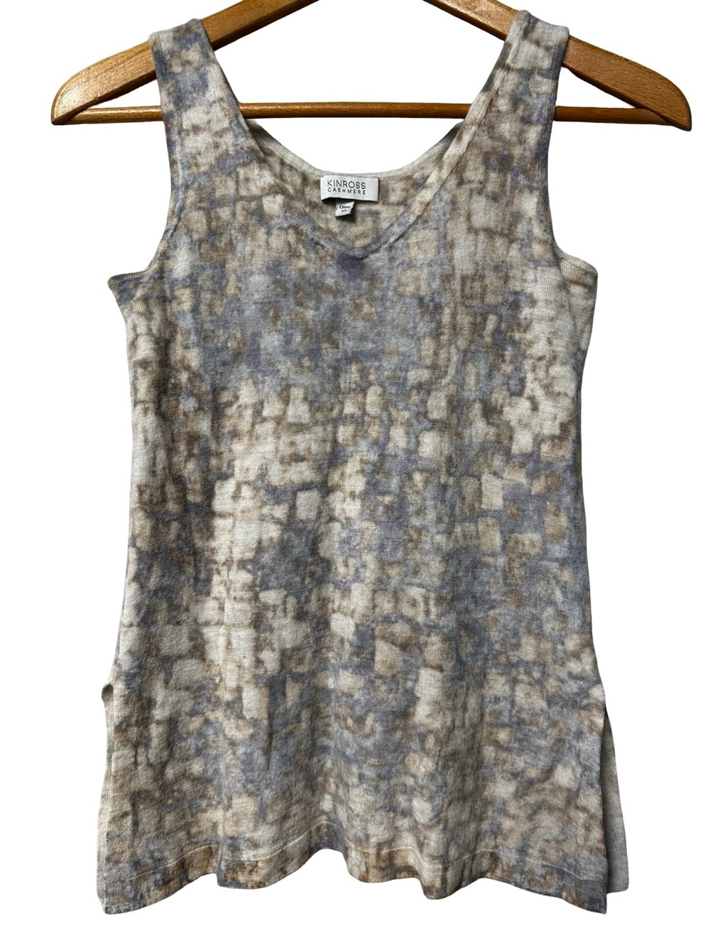 KINROSS CASHMERE Sleeveless Tank Top XS Abstract Marbled Print Gray Blue Beige